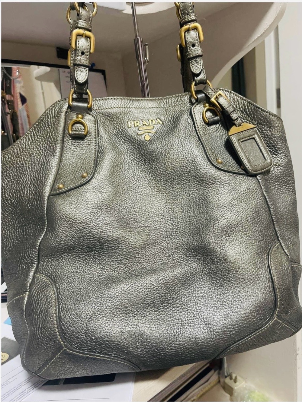 Prada Vitello Daino metallic silver leather